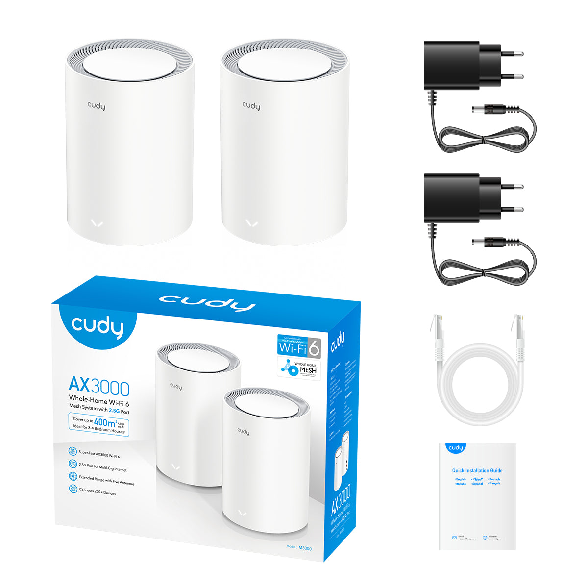 Cudy M3000(2-PACK) V2.0 système Wi-Fi maillé Bi-bande (2,4 GHz / 5 GHz) Wi-Fi 6 (802.11ax) Blanc Interne