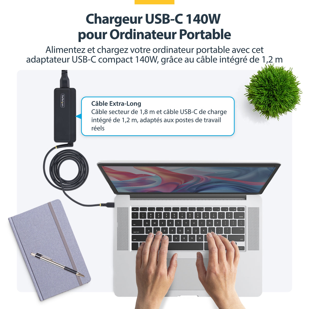 StarTech.com Chargeur USB-C pour Ordinateur Portable de 140W avec Câble USB-C Intégré de 1,2m, Adaptateur Secteur GaN po