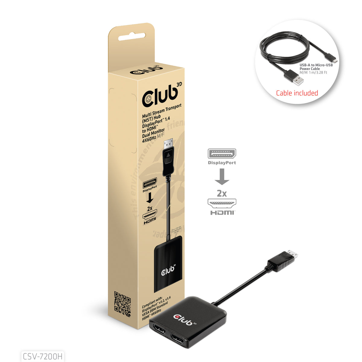 CLUB3D CSV-7200H Répartiteur Vidéo DisplayPort vers 2x HDMI