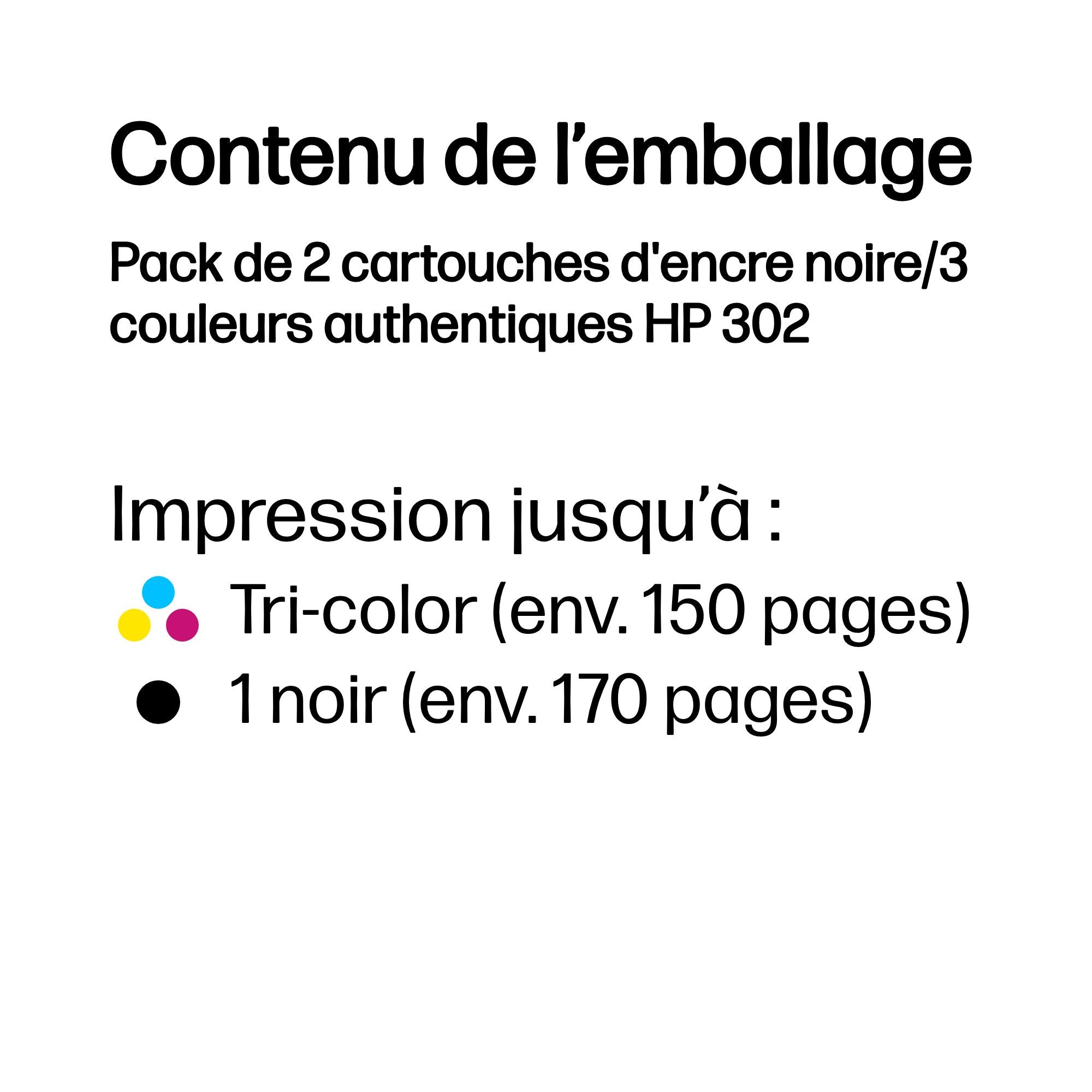 HP Pack de 2 cartouches d'encre noire/3 couleurs authentiques 302