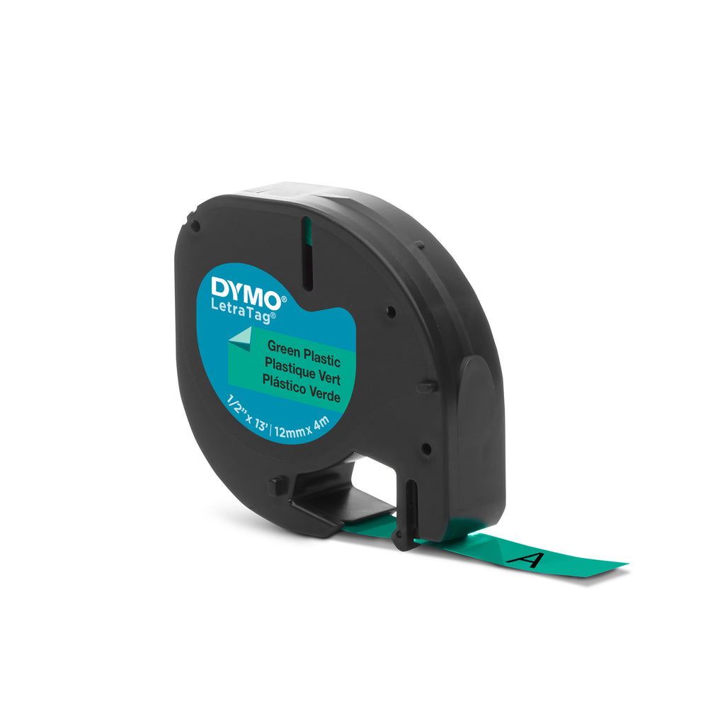 DYMO LetraTag Étiquettes en plastique Authentique | 12 mm x 4 m | impression en noir sur fond vert | Étiquettes autocollantes pour étiqueteuse LetraTag