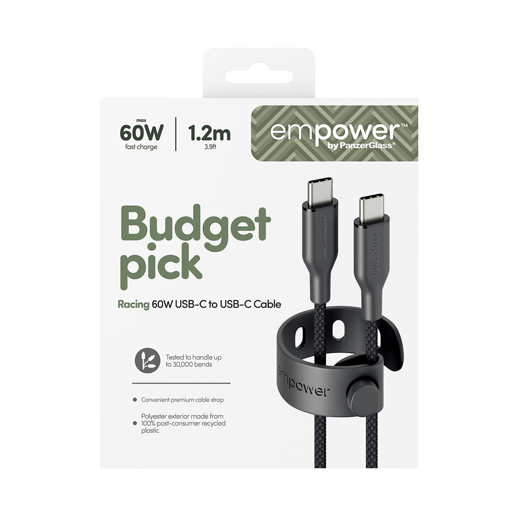 PanzerGlass empower™ by ® Racing 60W USB-C to USB-C Cable | USB 2.0 | 1.2M | Space Black câble USB Noir