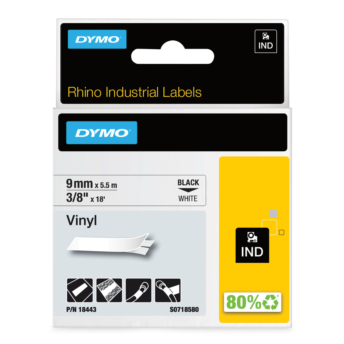 DYMO Rhino Étiquettes en vinyle industrielles | 9 mm x 5,5 m | autocollantes impression en noir sur fond blanc | pour étiqueteuses Rhino et LabelManager