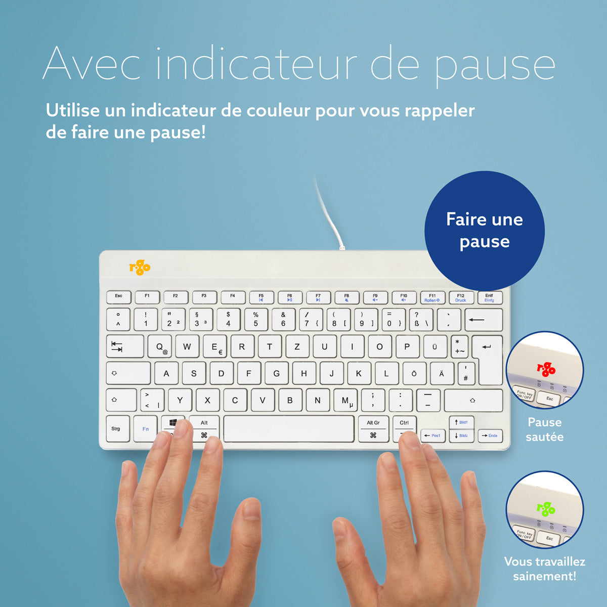 R-Go Tools Clavier Ergonomique Compact Break, QWERTZ (DE), Filaire, Blanc