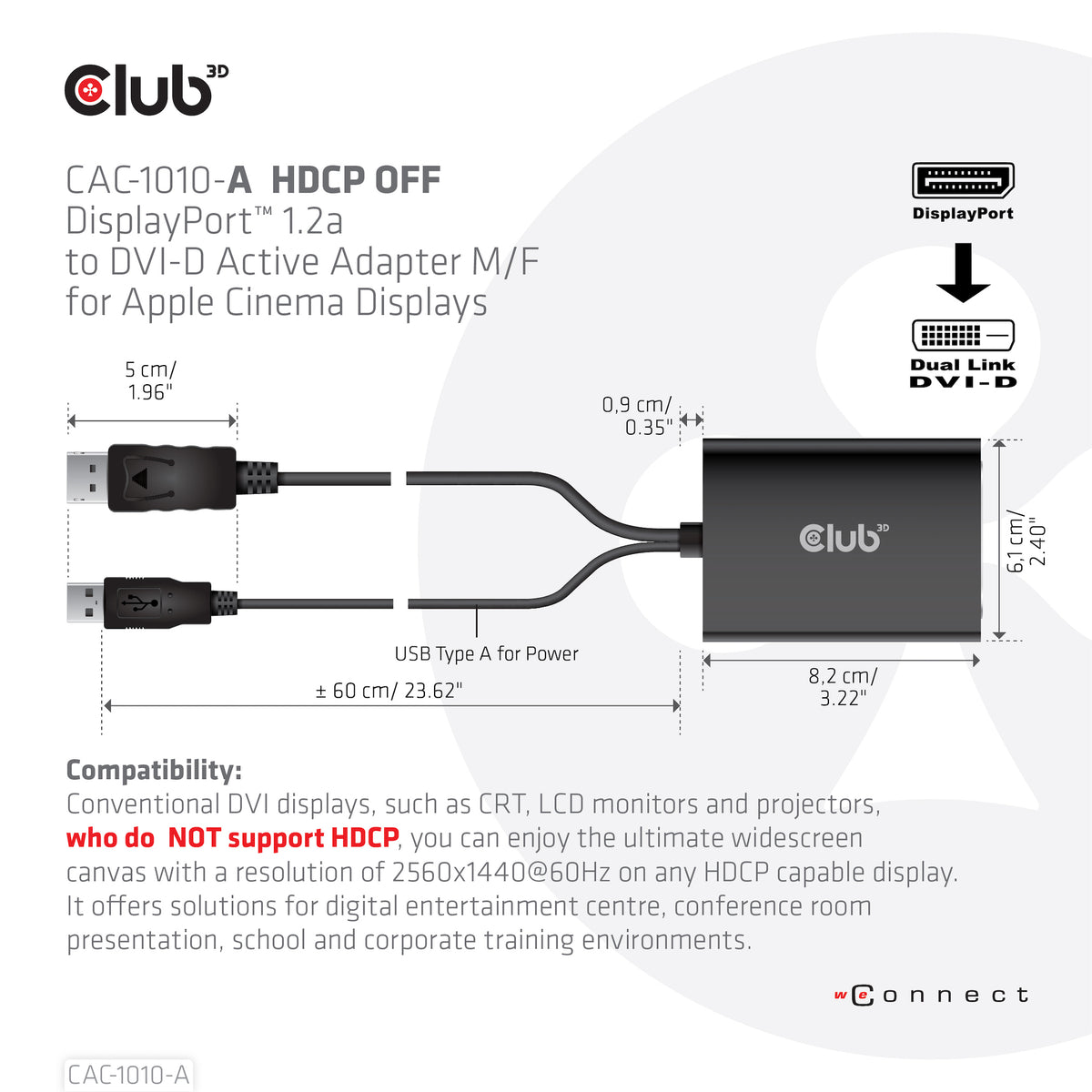 CLUB3D CAC-1010-A Câble Adaptateur DisplayPort vers DVI-D + USB, 0,6 m, Noir
