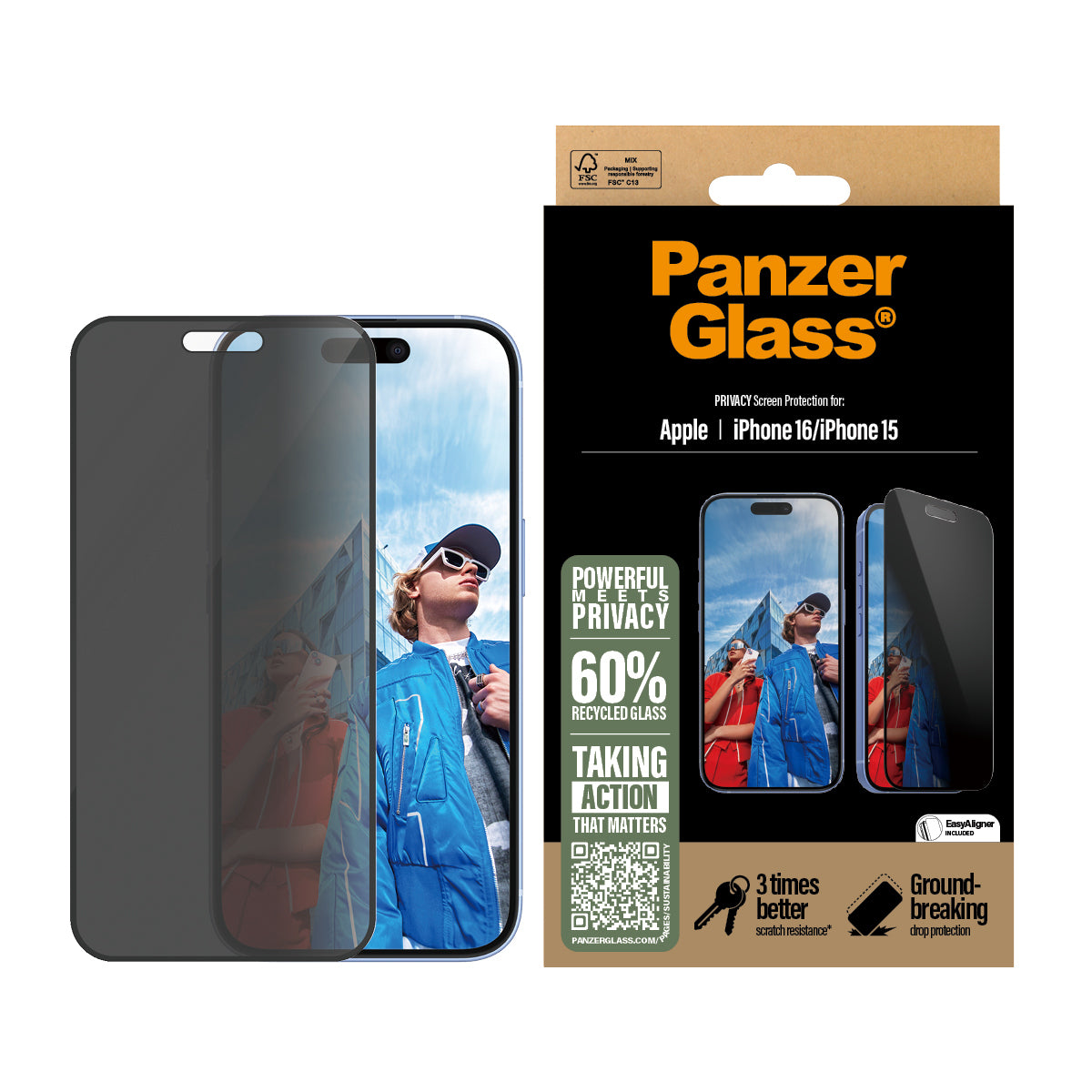 PanzerGlass ® 2-Way Privacy Screen Protector iPhone 16 | 15 | Ultra-Wide Fit w. EasyAligner Protection d'écran transparent Apple 1 pièce(s)