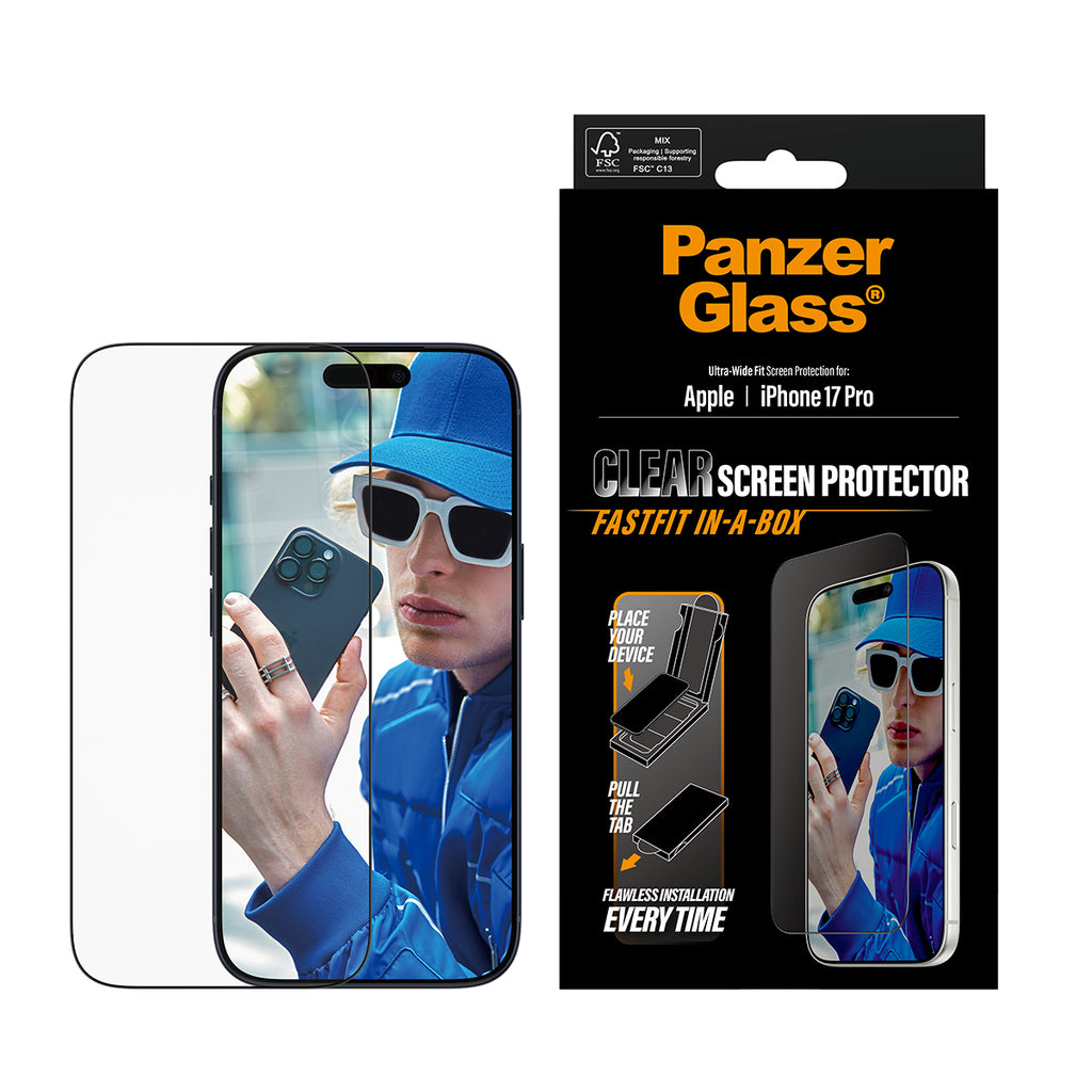 PanzerGlass Protection d'écran pour iPhone 17 Pro, Ultra-Wide Fit avec Fastfit, Transparent