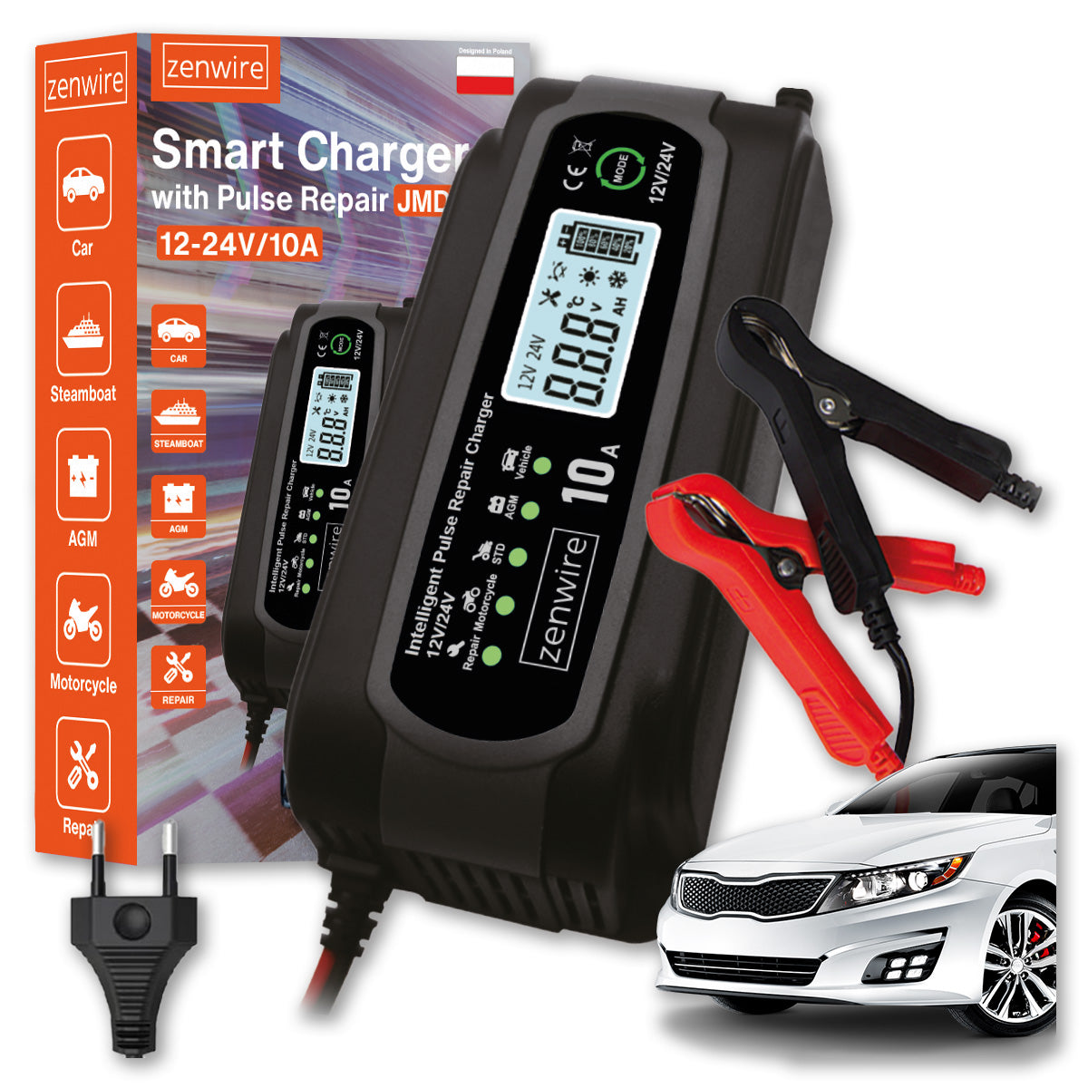 Chargeur-redresseur de batterie de voiture avec fonction de réparation 12 V, 24 V, 10 A Zenwire JMD-10