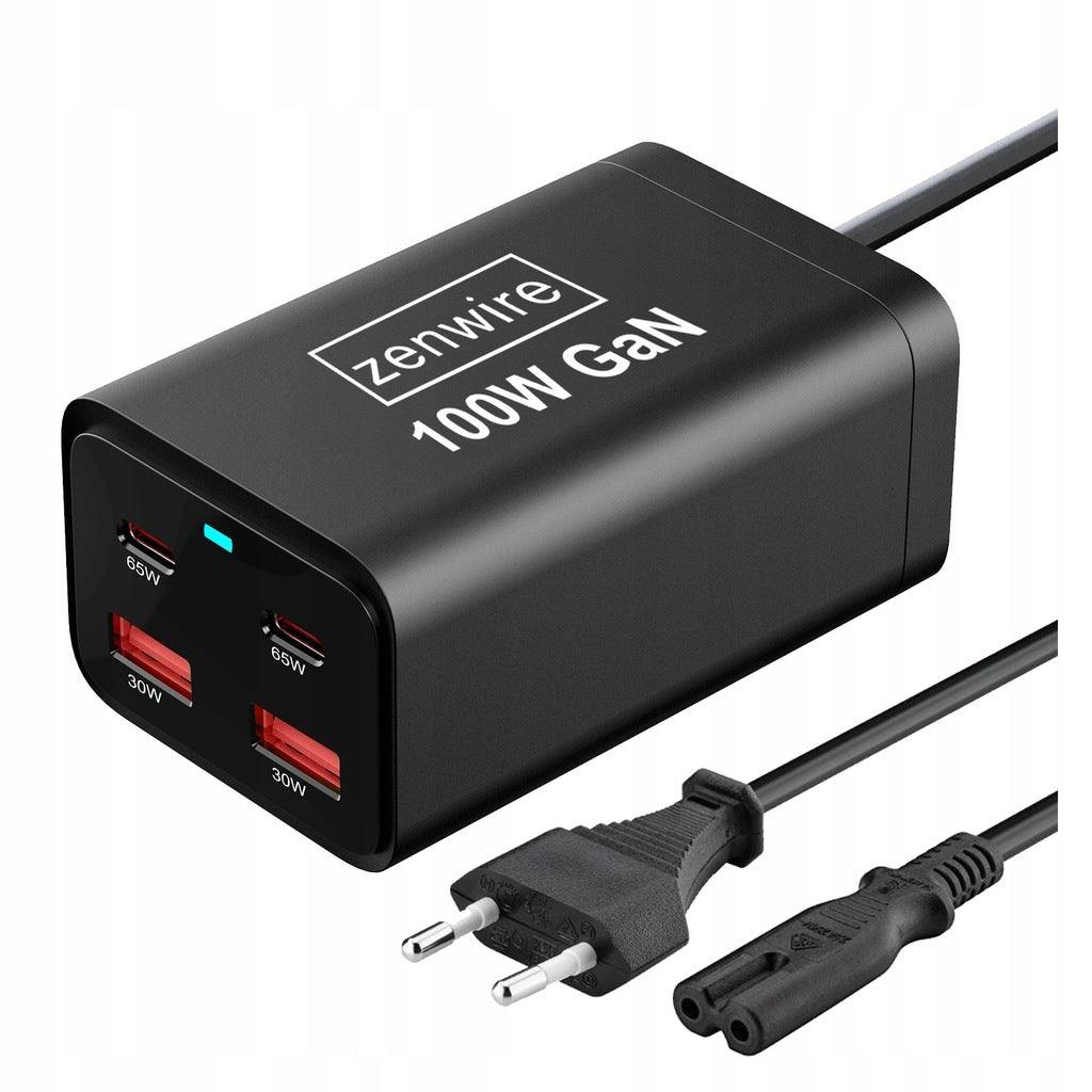 Chargeur secteur, bloc d'alimentation 100 W, adaptateur GaN III, câble secteur, 2 ports USB-C 65 W, 2 ports USB-A, Zenwire YMS-608