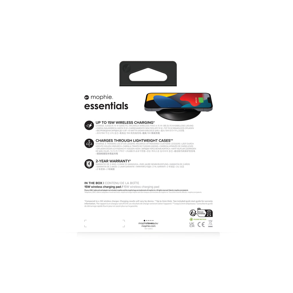mophie Essentials Wireless Charging Pad 15W, Chargeur sans fil USB pour Smartphone, Noir