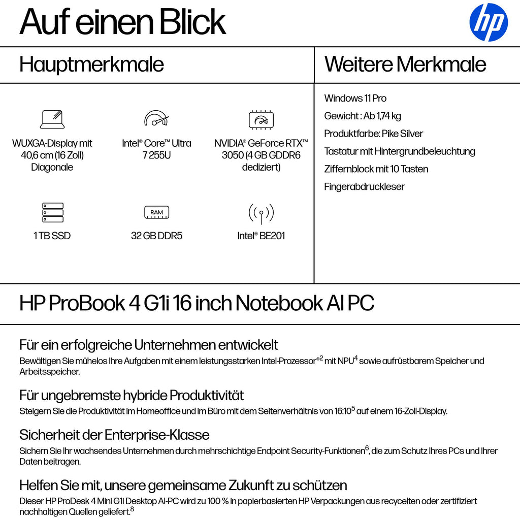 HP ProBook 4 16 G1i Notebook AI 16 1920 x 1200 (WUXGA) 255U 32GB 1TB Intel Graphics Windows 11 Pro