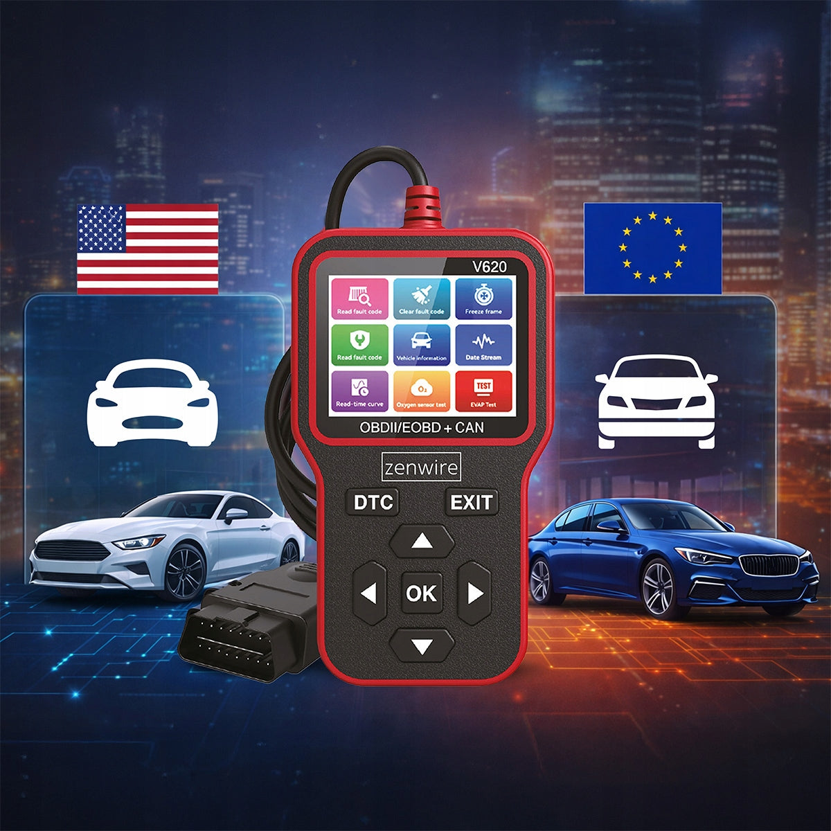 Interface, testeur, scanner de diagnostic, écran OBD2, ELM327, CAN, ordinateur Zenwire V620