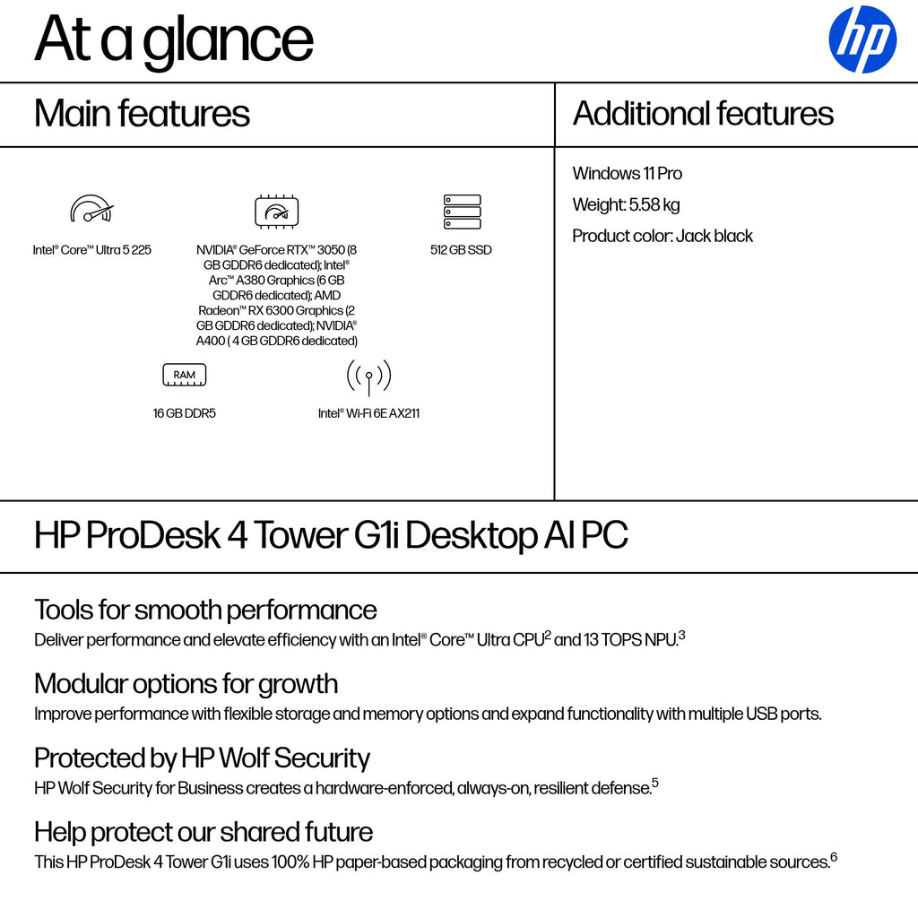 HP ProDesk 4 Tower G1i Desktop AI PC Intel Core Ultra 5 225 16 GB DDR5-SDRAM 512 GB SSD Windows 11 Pro Czarny