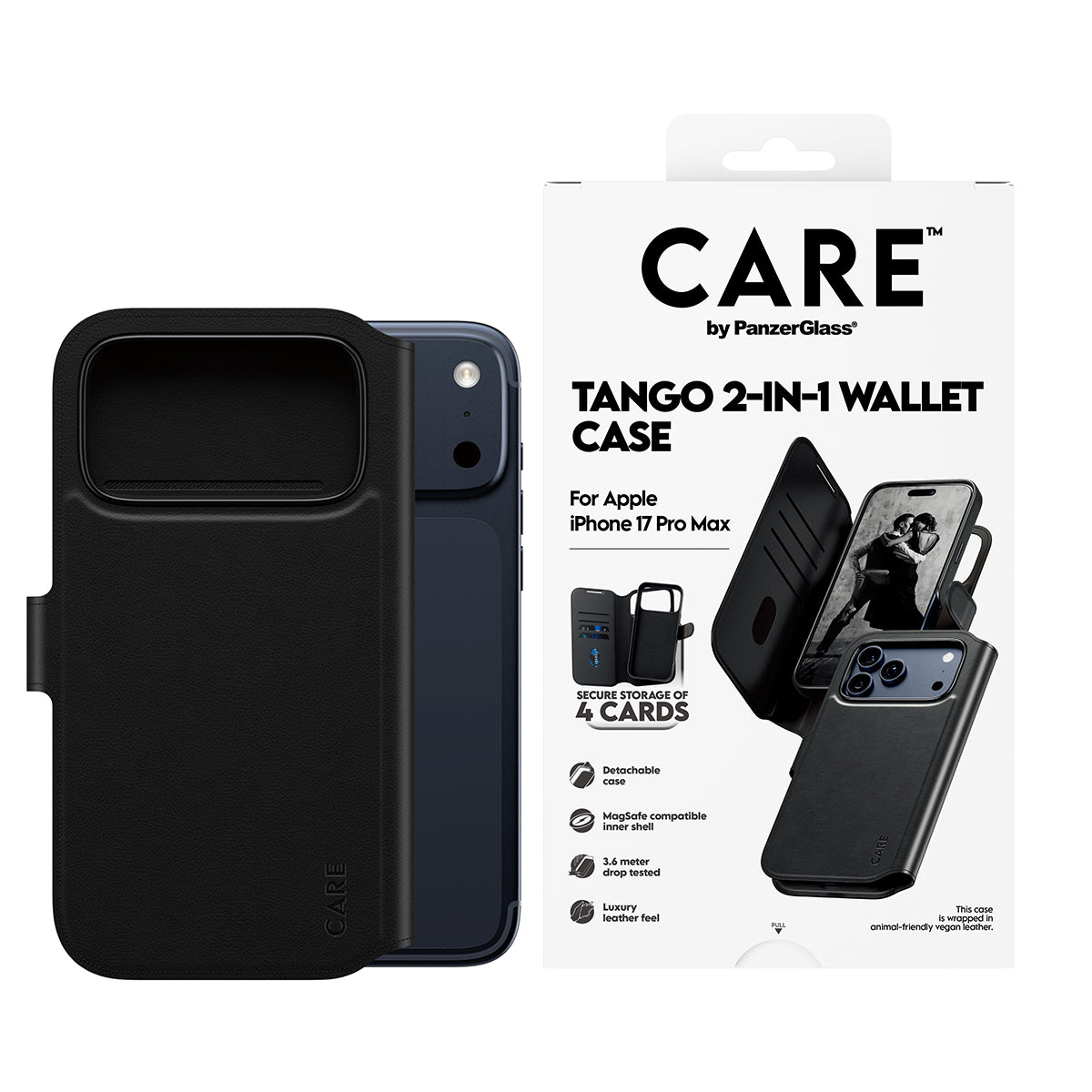 PanzerGlass CARE by Tango Étui Portefeuille 2-en-1 avec MagSafe pour iPhone 17 Pro Max, Noir
