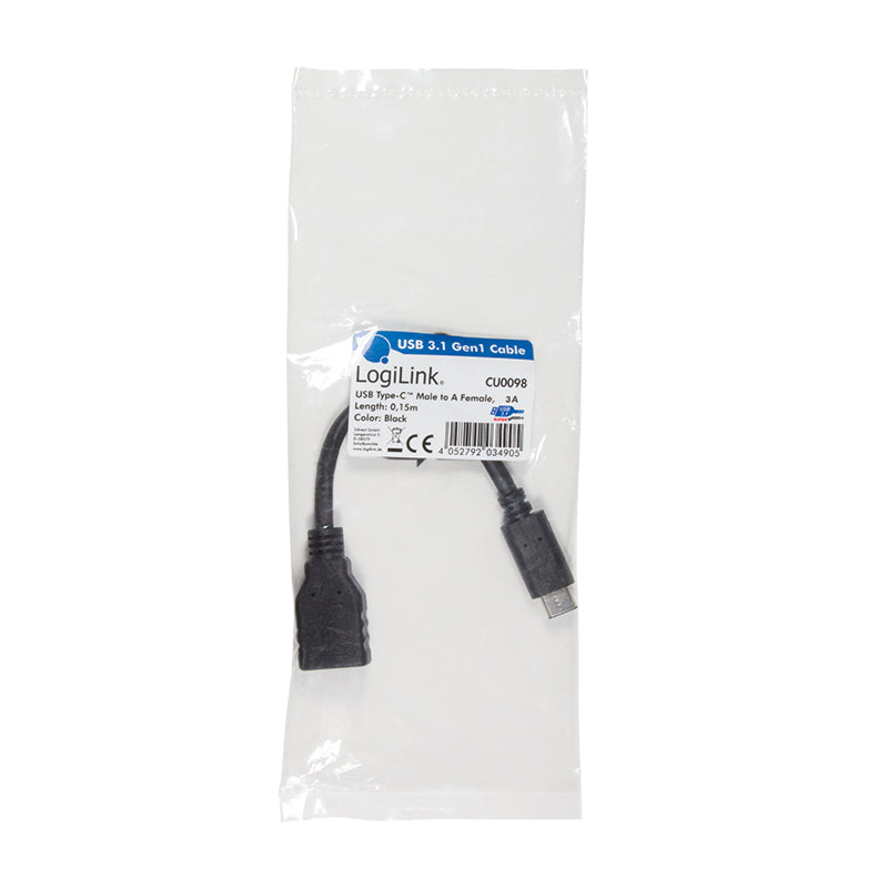 LogiLink Câble Adaptateur USB-C vers USB-A, USB 3.2 Gen 2 (3.1 Gen 2), 0,15 m, Noir