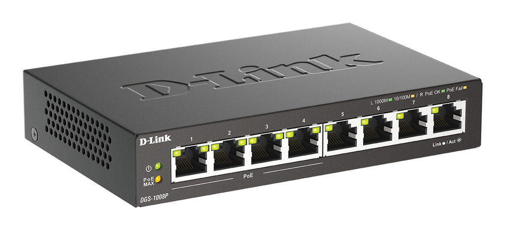 D-Link DGS-1008P/E commutateur réseau Non-géré L2 Gigabit Ethernet (10/100/1000) Connexion Ethernet, supportant l'alimentation via ce port (PoE) Bureau Noir