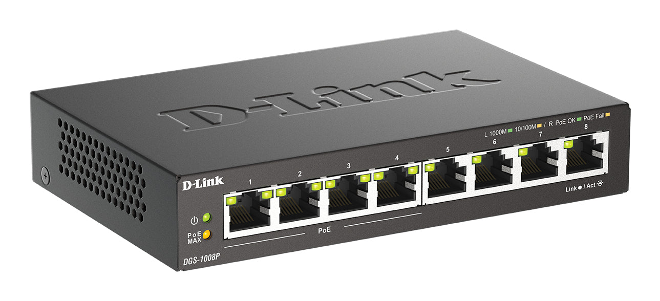 D-Link DGS-1008P/E commutateur réseau Non-géré L2 Gigabit Ethernet (10/100/1000) Connexion Ethernet, supportant l'alimentation via ce port (PoE) Bureau Noir