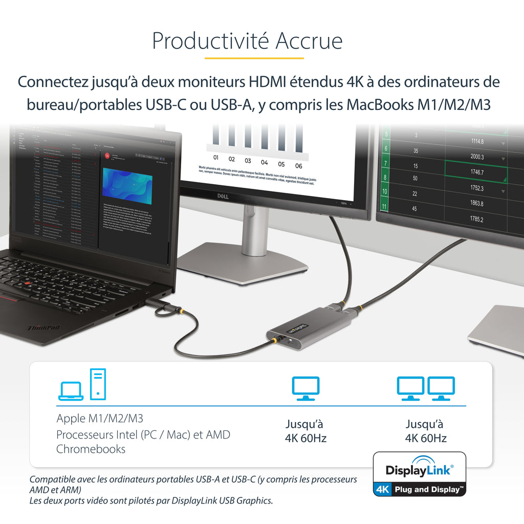 StarTech.com Adaptateur USB-C vers Double HDMI, 4K 60Hz, Power Delivery 100W, Câble 30cm