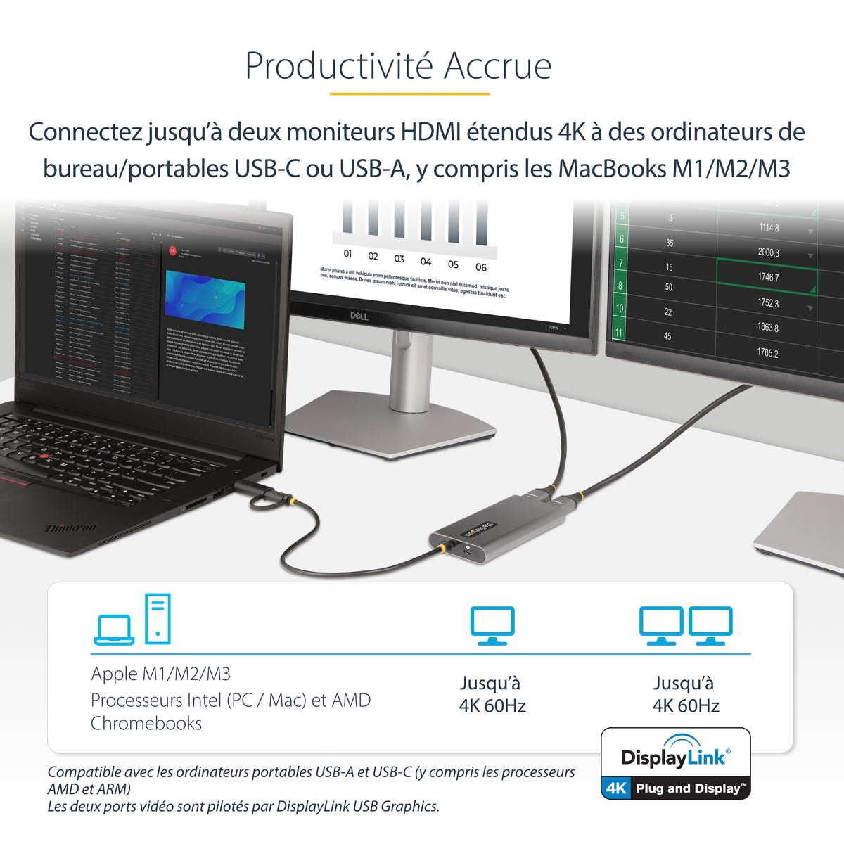 StarTech.com Adaptateur USB-C vers Double HDMI, 4K 60Hz, Power Delivery 100W, Câble 30cm