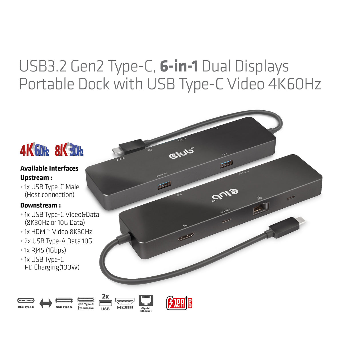 CLUB3D CSV-1584 Station d'accueil USB 3.2 Gen 2 Type-C, Noir