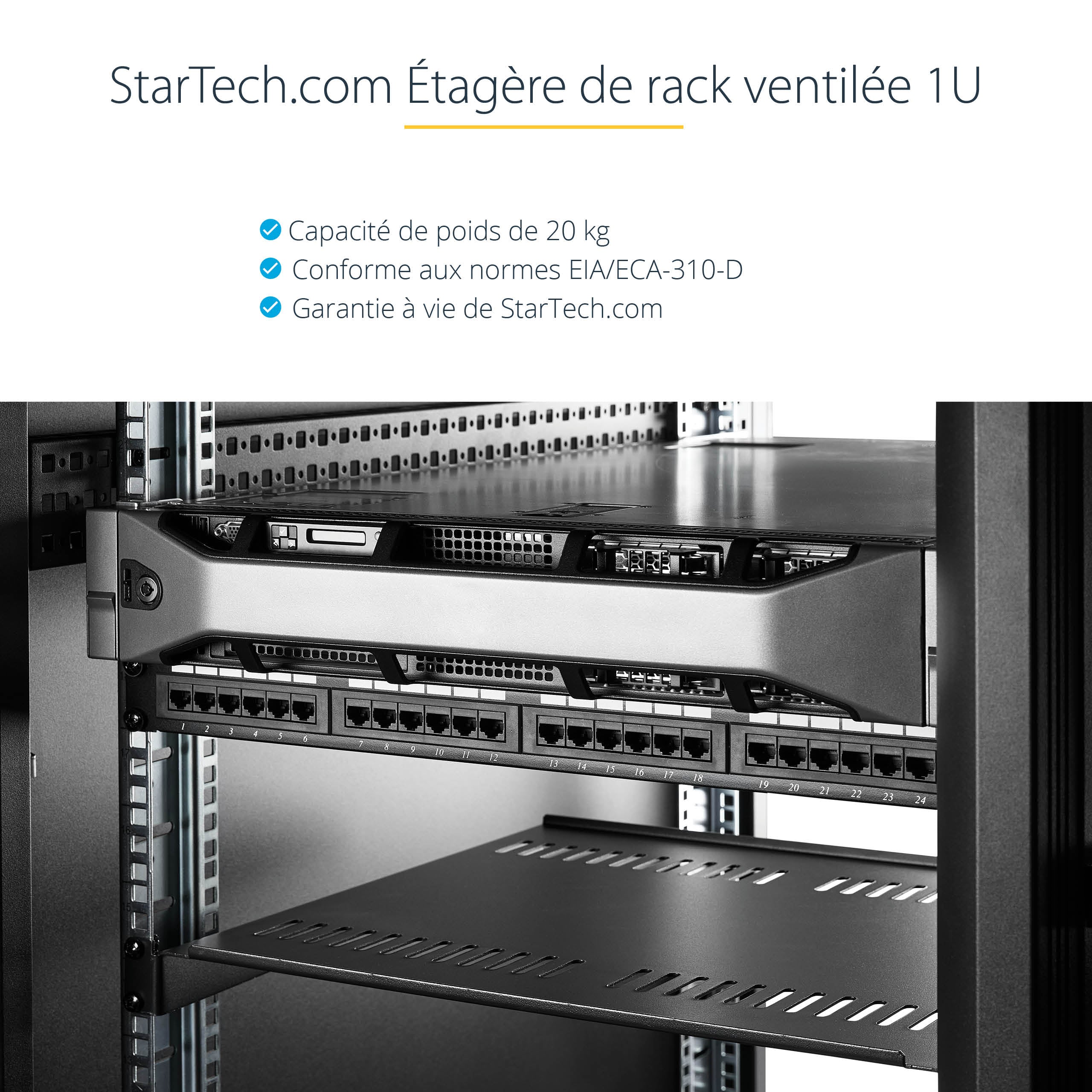 StarTech.com Étagère Rack Serveur 1U - Plateau Cantilever Universel Ventilé pour Armoire d'Équipement Réseau 19" - Acier Résistant - Poids Max 20kg - Étagère de 25cm de Profondeur, Noir