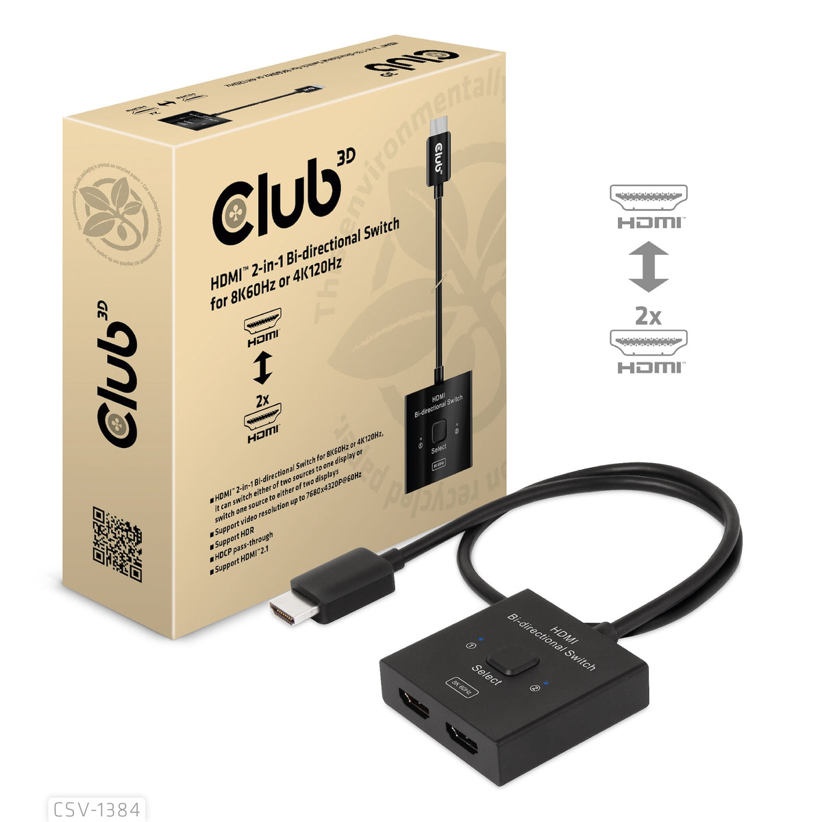 CLUB3D CSV-1384 Commutateur KVM Écran, Clavier et Souris, HDMI 8K Ultra HD, Noir