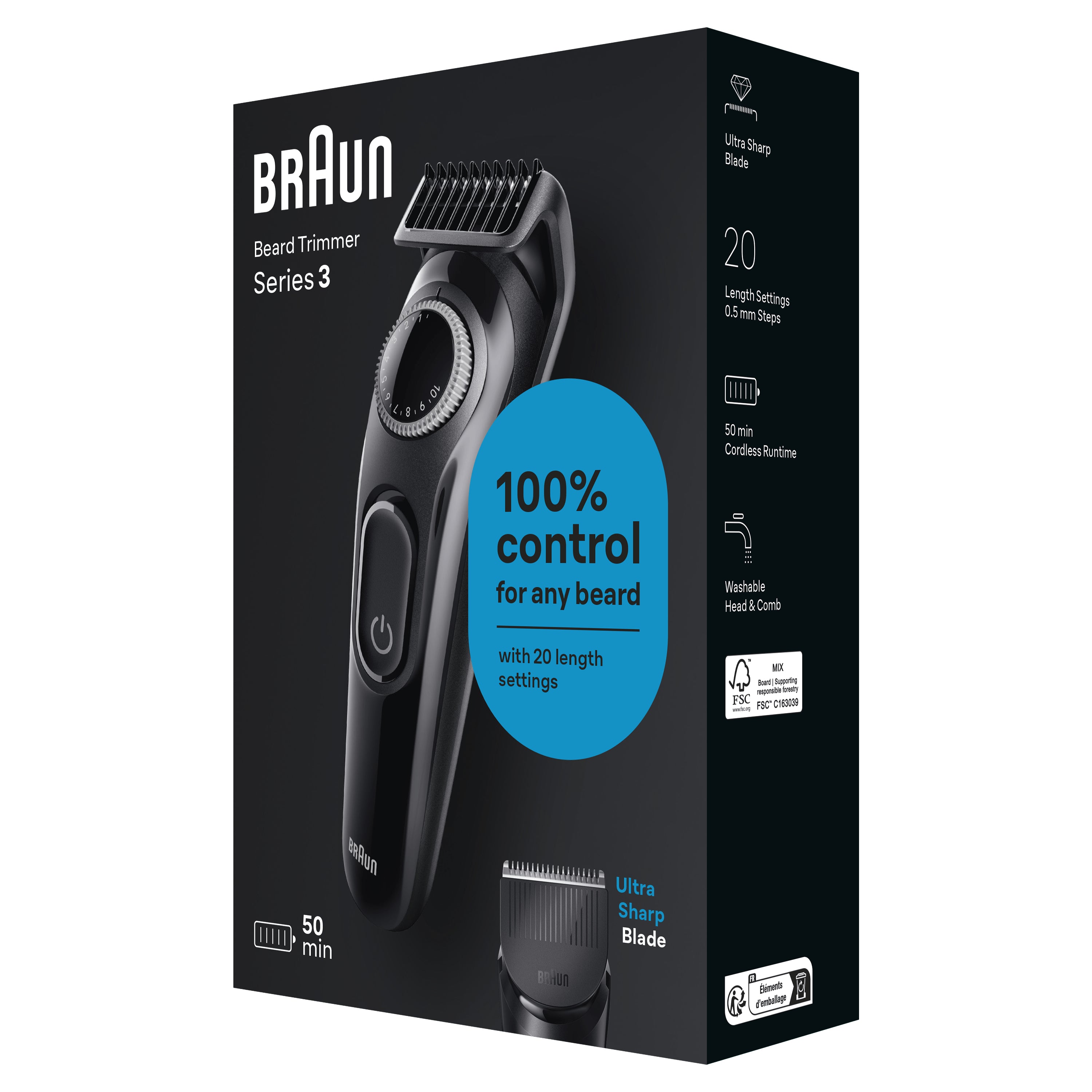 Braun BeardTrimmer 3 BT3400 tondeuse à barbe Batterie 20 1 cm Noir