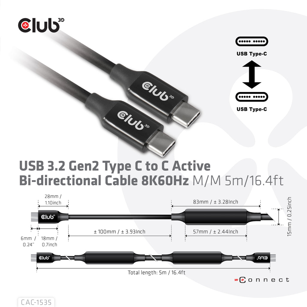 CLUB3D CAC-1535 câble USB USB 3.2 Gen 2 (3.1 Gen 2) 5 m USB C 10 Gbit/s 60 W Noir
