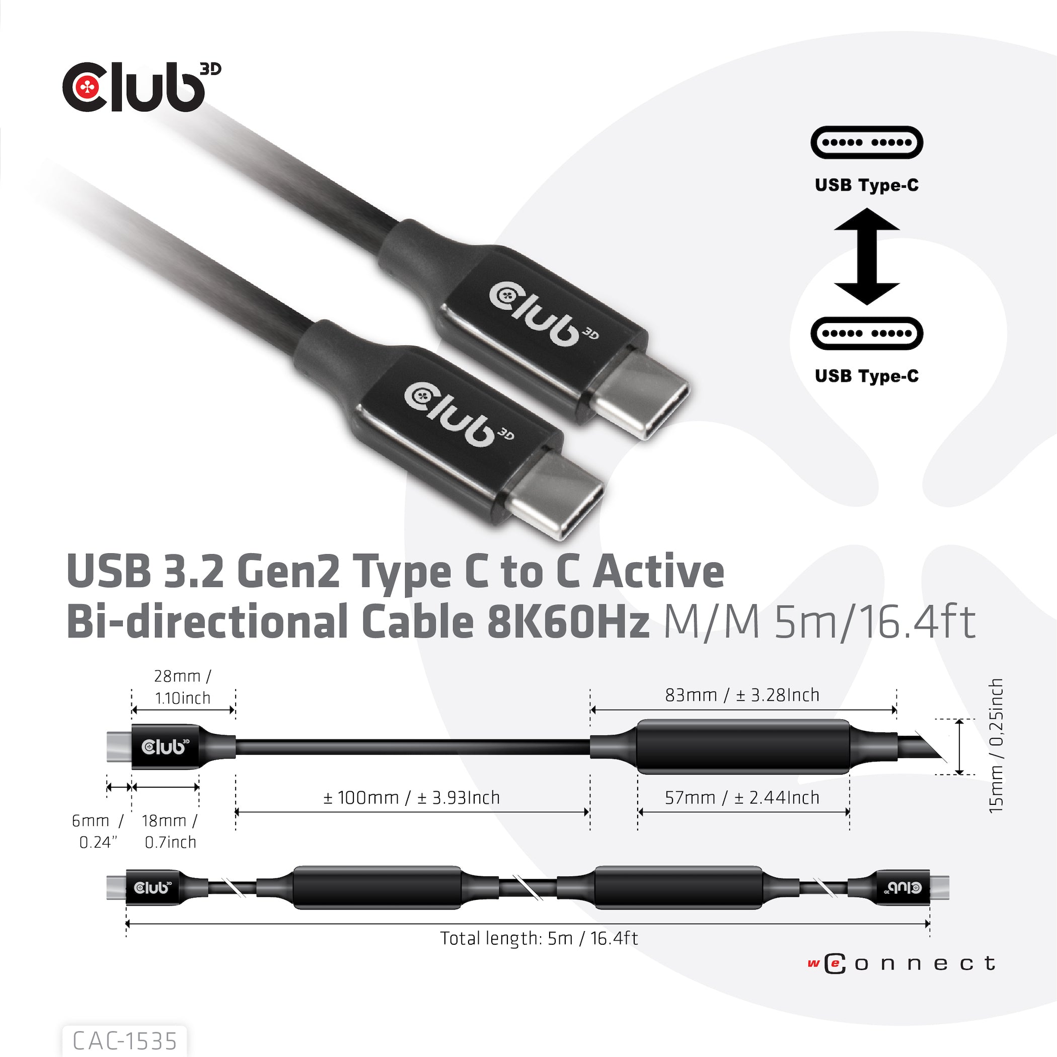 CLUB3D CAC-1535 câble USB USB 3.2 Gen 2 (3.1 Gen 2) 5 m USB C 10 Gbit/s 60 W Noir