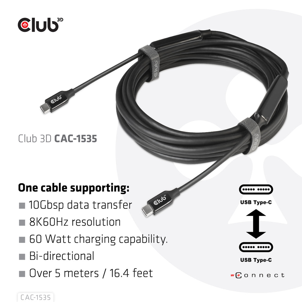 CLUB3D CAC-1535 câble USB USB 3.2 Gen 2 (3.1 Gen 2) 5 m USB C 10 Gbit/s 60 W Noir