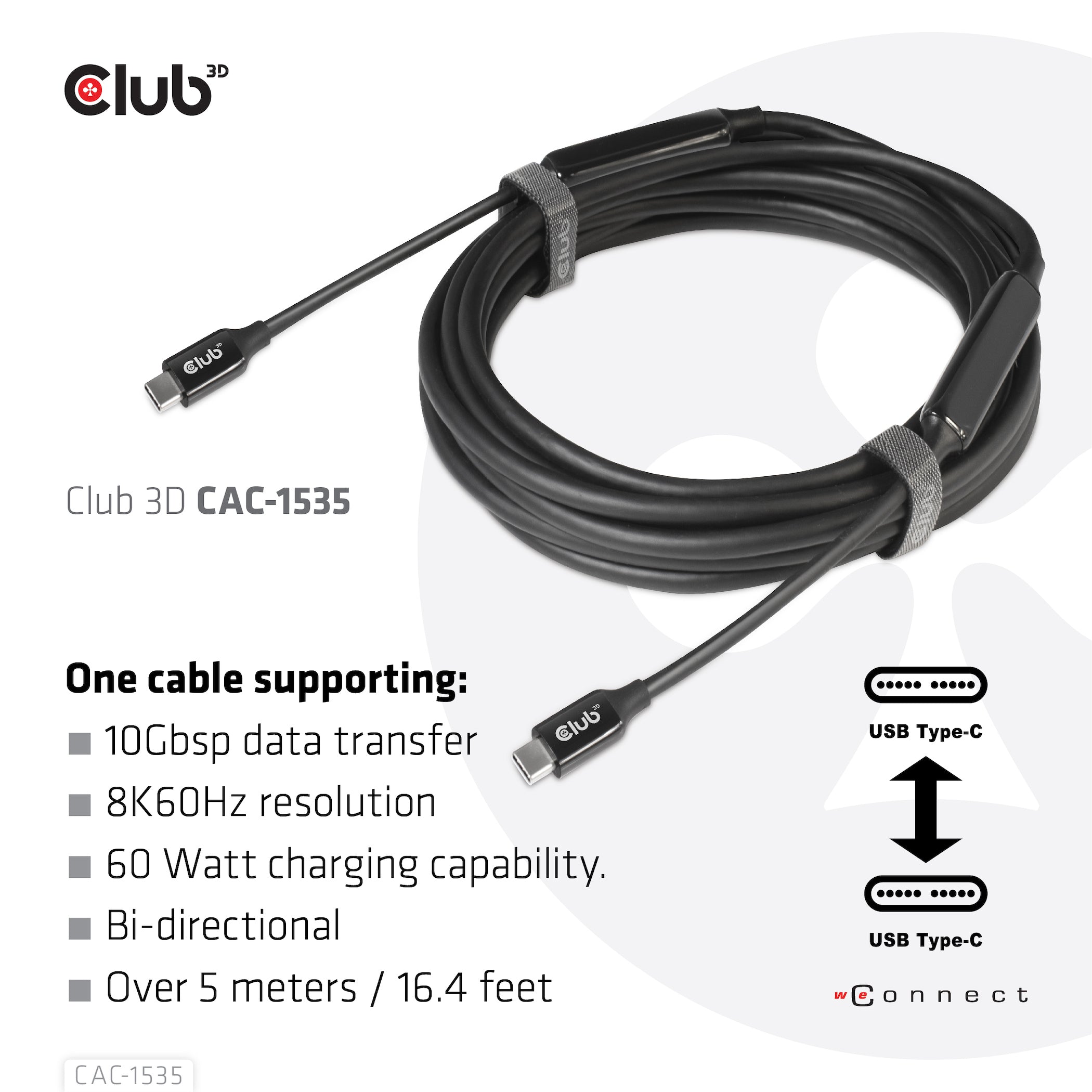 CLUB3D CAC-1535 câble USB USB 3.2 Gen 2 (3.1 Gen 2) 5 m USB C 10 Gbit/s 60 W Noir