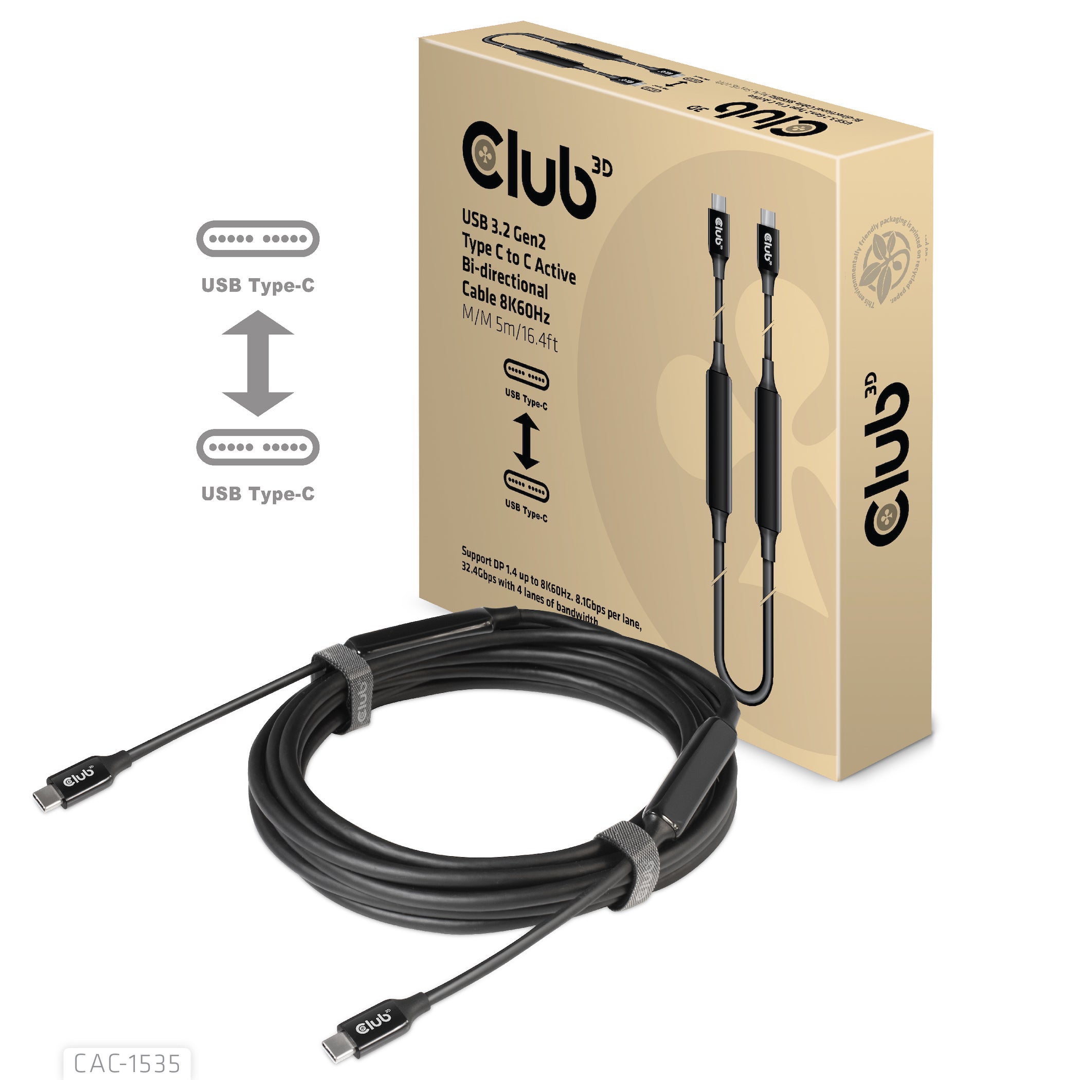 CLUB3D CAC-1535 câble USB USB 3.2 Gen 2 (3.1 Gen 2) 5 m USB C 10 Gbit/s 60 W Noir
