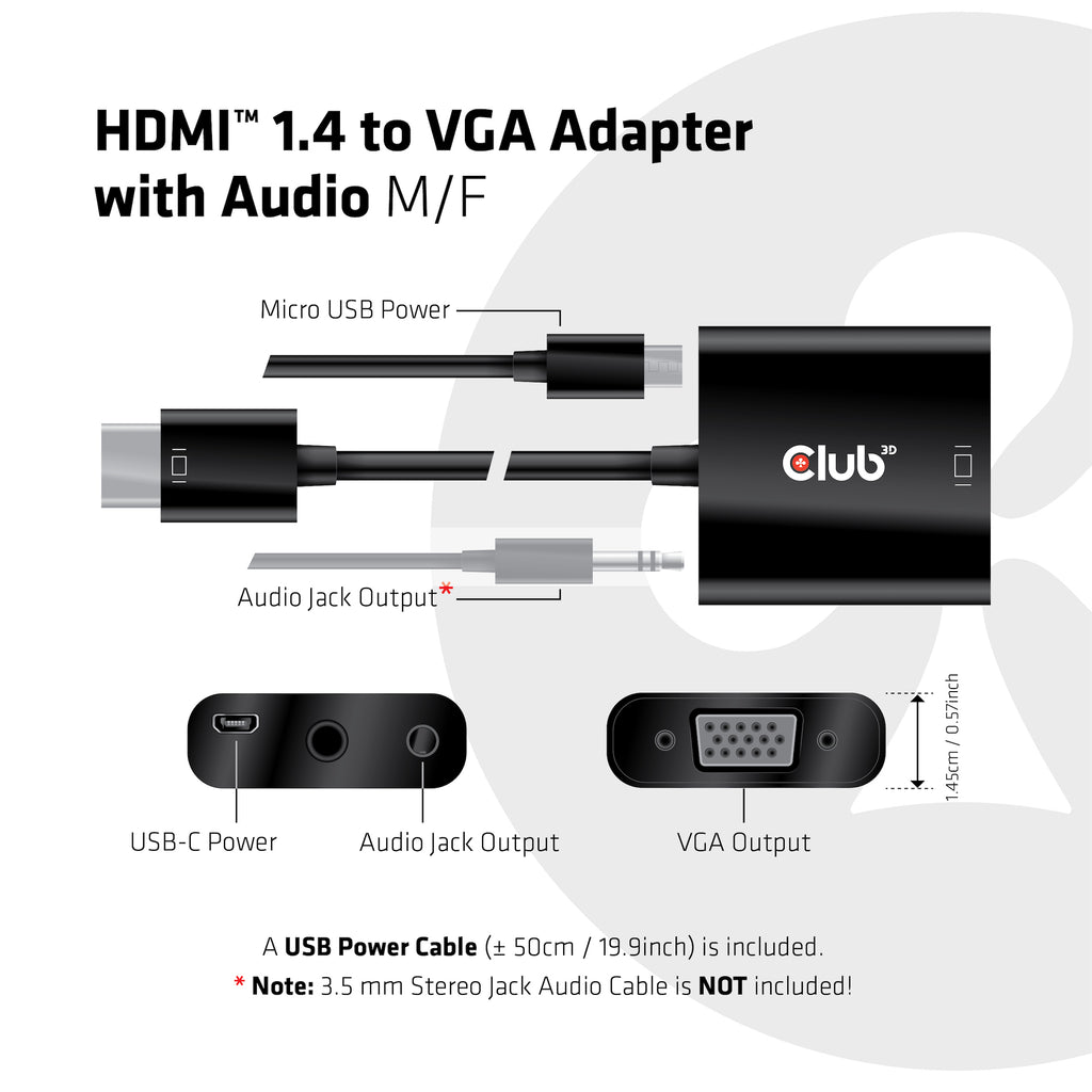 CLUB3D CAC-1302 câble vidéo et adaptateur 0,5 m HDMI Type A (Standard) VGA (D-Sub) Noir