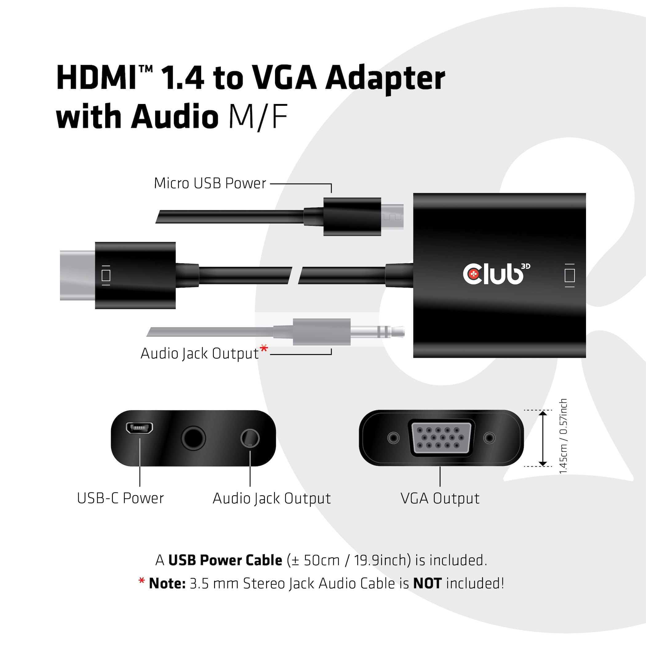 CLUB3D CAC-1302 câble vidéo et adaptateur 0,5 m HDMI Type A (Standard) VGA (D-Sub) Noir