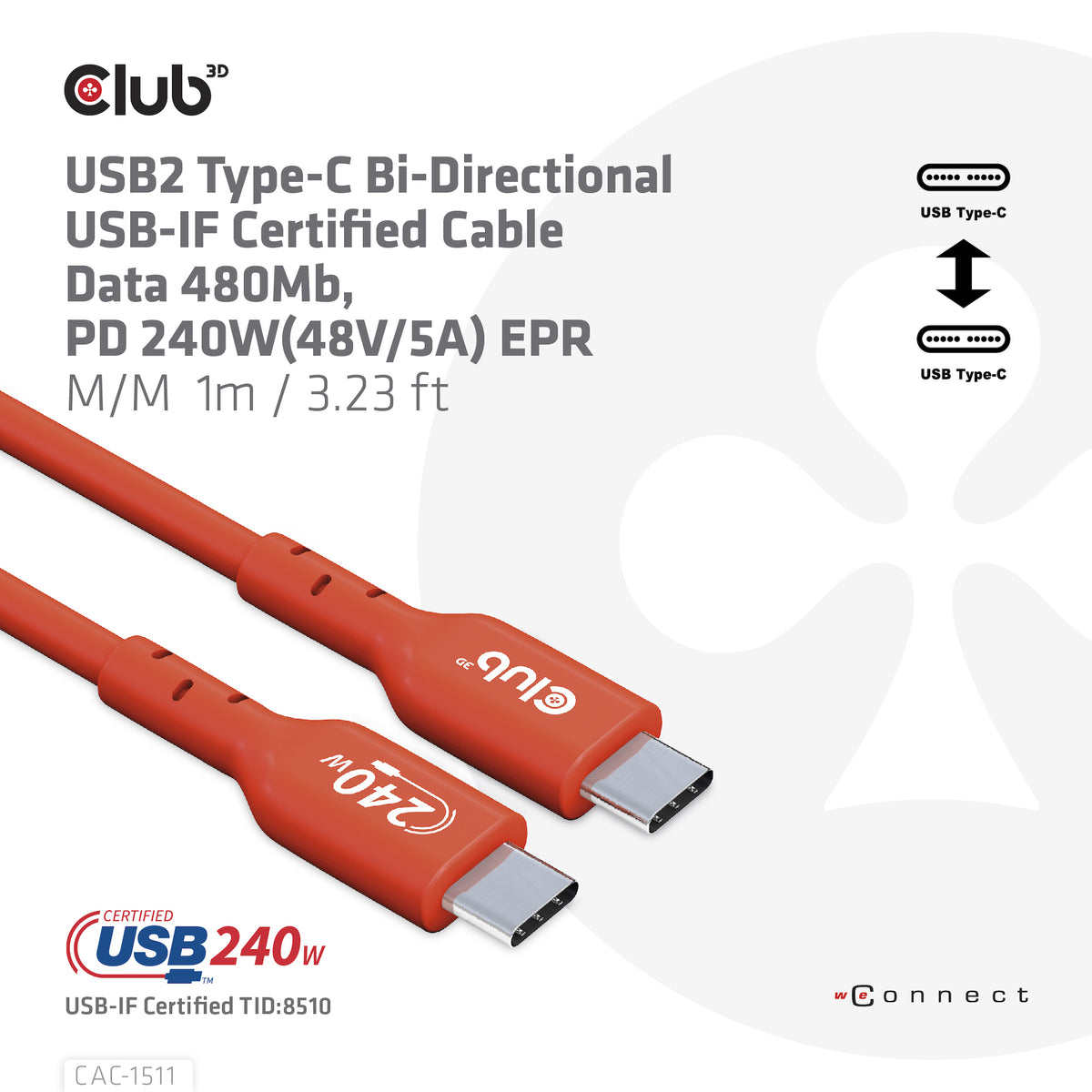 CLUB3D CAC-1511 Câble USB-C vers USB-C 2.0, 1 m, 240 W, 0,48 Gbit/s, Orange