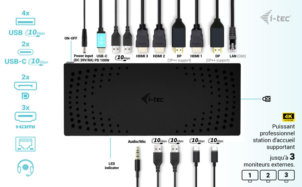 i-tec Station d'accueil Gen 2 USB 3.0 / USB-C / Thunderbolt, 3x 4K, Power Delivery 100W