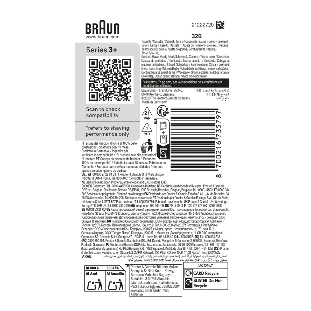 Braun Cassette pour rasoir Séries 3+ 32B