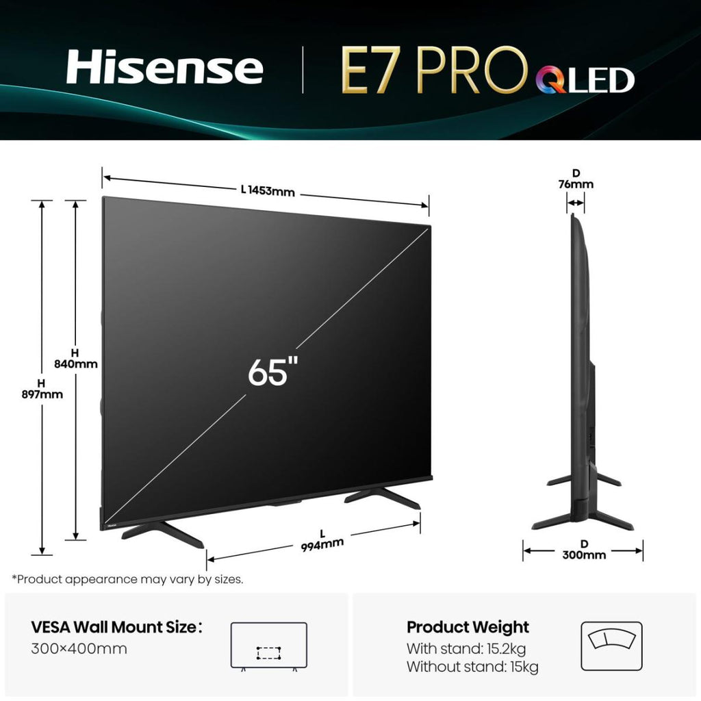 Hisense 65E7Q PRO 165,1 cm (65") 4K Ultra HD Smart TV Wifi Noir 385 cd/m²