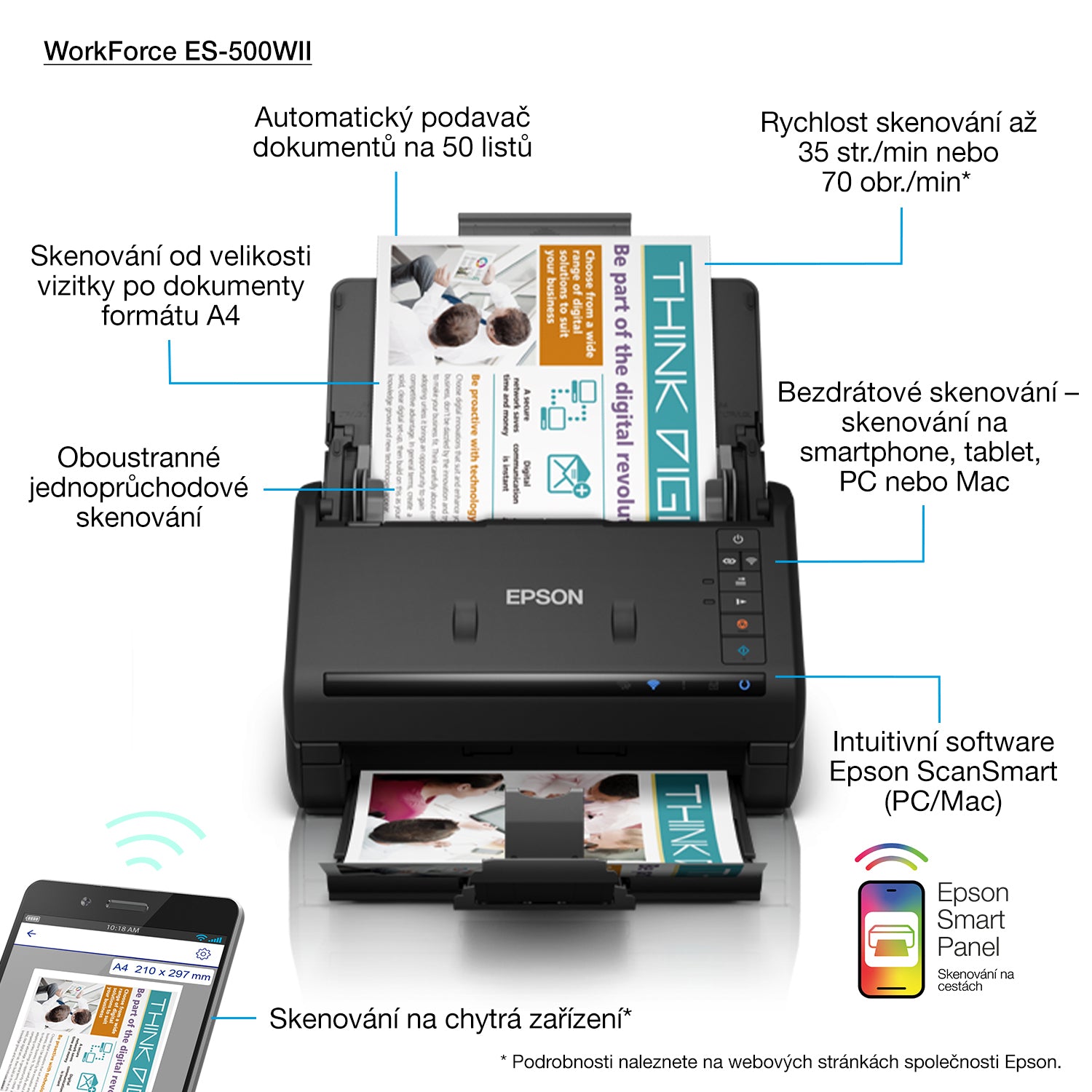 Epson WorkForce ES-500WII Alimentation papier de scanner 600 x 600 DPI A4 Noir