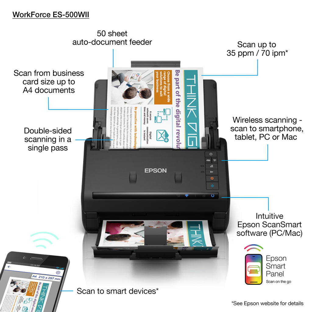Epson WorkForce ES-500WII Alimentation papier de scanner 600 x 600 DPI A4 Noir
