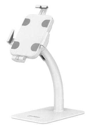 Manhattan Support antivol de bureau pour tablette/iPad, universel, rotation 360°, inclinaison +20° à -110°, verrouillable, blanc, tablettes 7,9"–11"