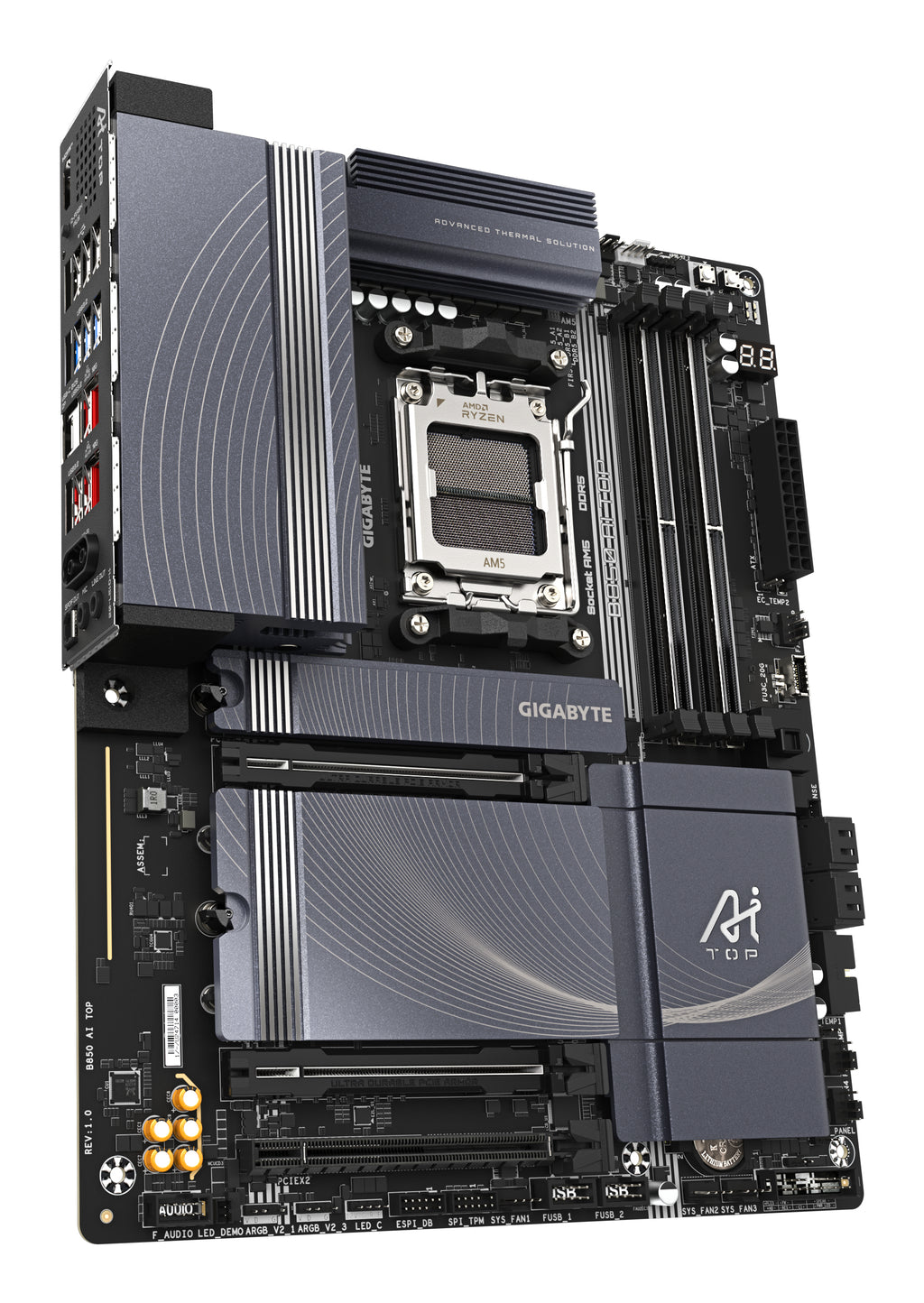 GIGABYTE B850 AI TOP Carte Mère - Processeurs AMD Ryzen Série 9000, 16+2+2 phases VRM numériques, jusqu'à 8600MHz DDR5 (OC), 2xPCIe 5.0 + 1xPCIe 4.0 M.2, LAN 10GbE, WIFI 7, USB 3.2 Gen 2x2