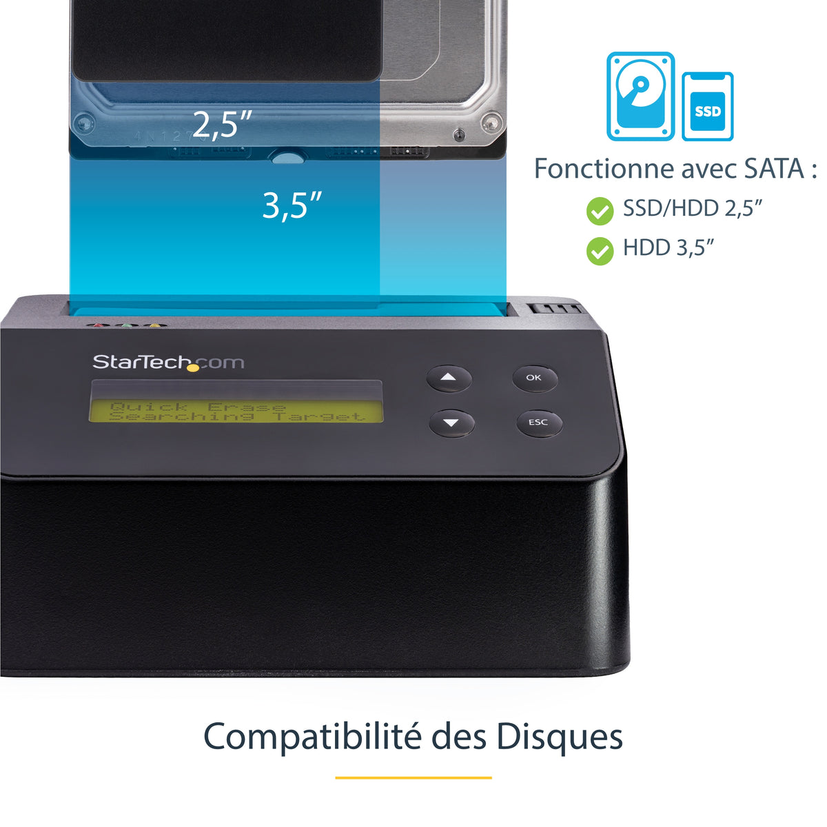 StarTech.com Effaceur de Disque Dur Baie Unique USB 3.0 vers SATA II, 9 Modes d'Effacement, Écran LCD, Conforme TAA