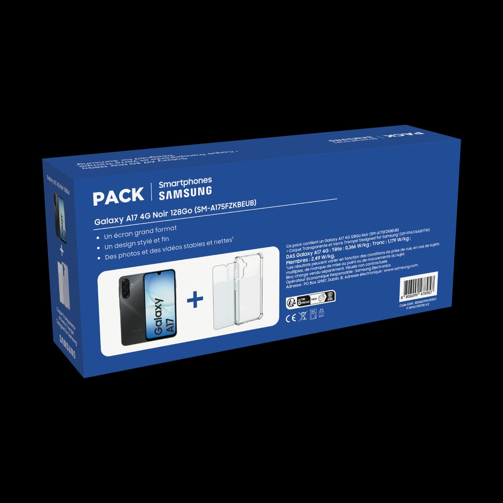 Samsung Pack smartphone Galaxy A17 4G 128 Go Noir + coque + protection d'écran verre trempé