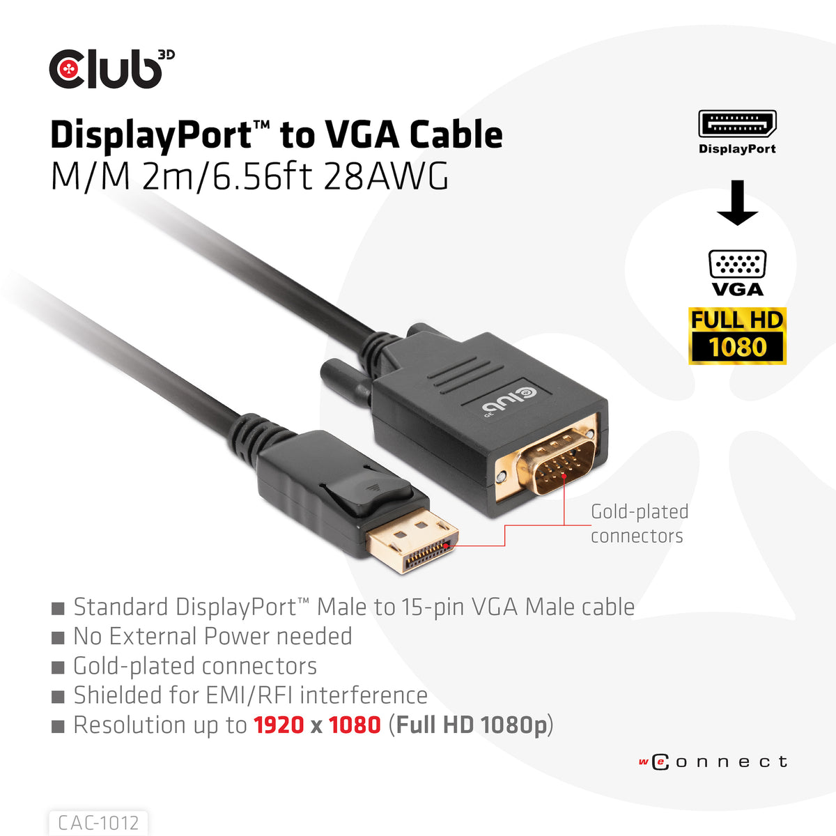 CLUB3D CAC-1012 Câble Adaptateur DisplayPort vers VGA (D-Sub), 2 m, Noir