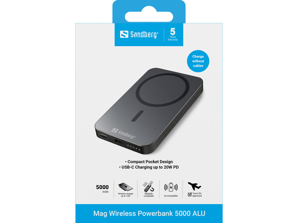 Sandberg Mag Wireless Powerbank 5000 ALU, Batterie Externe Magnétique 5000 mAh, Charge Rapide 20W USB-C et Sans Fil 15W,
