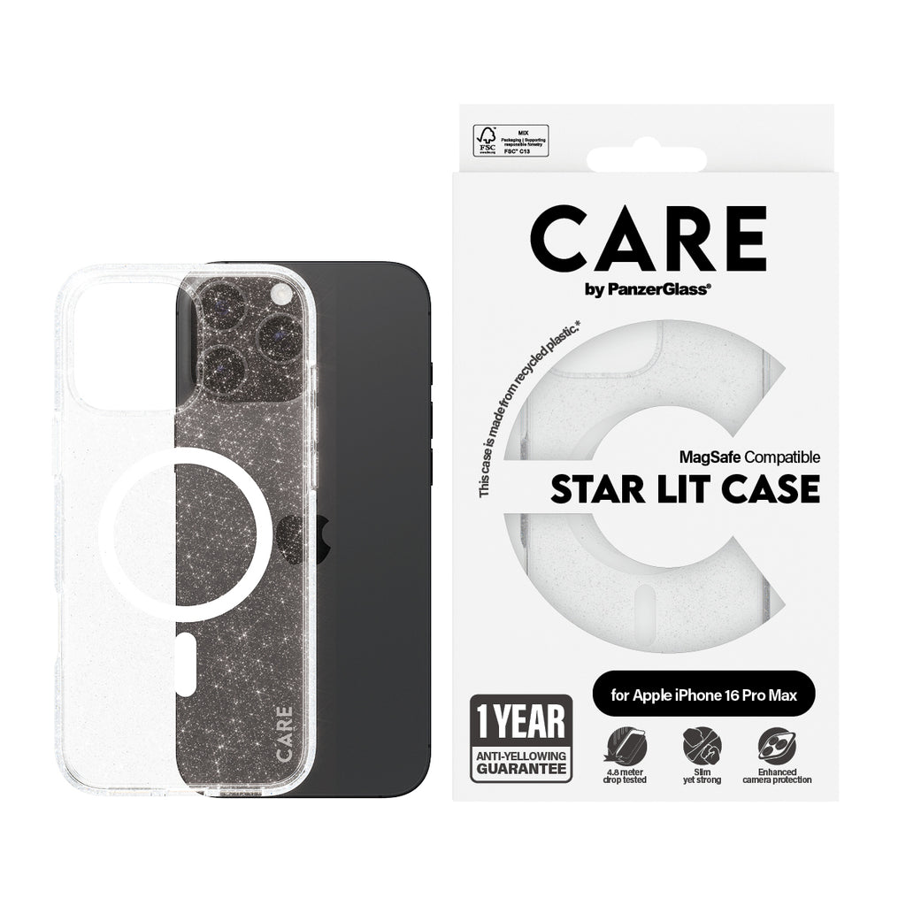 PanzerGlass CARE Star Lit Case avec MagSafe pour iPhone 16 Pro Max, Coque de Protection Transparente