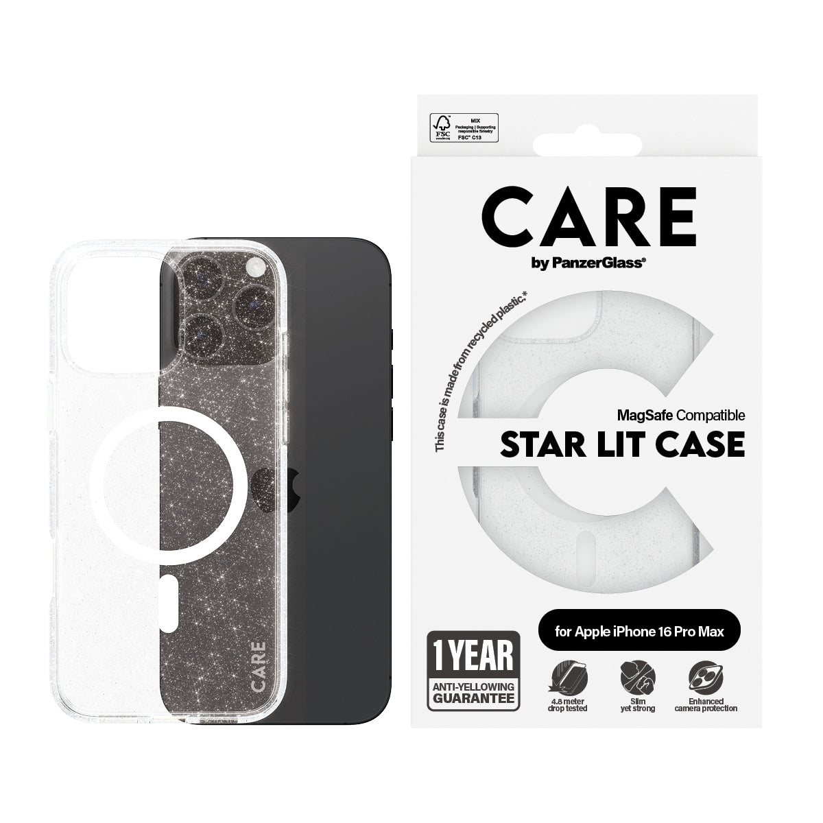 PanzerGlass CARE Star Lit Case avec MagSafe pour iPhone 16 Pro Max, Coque de Protection Transparente