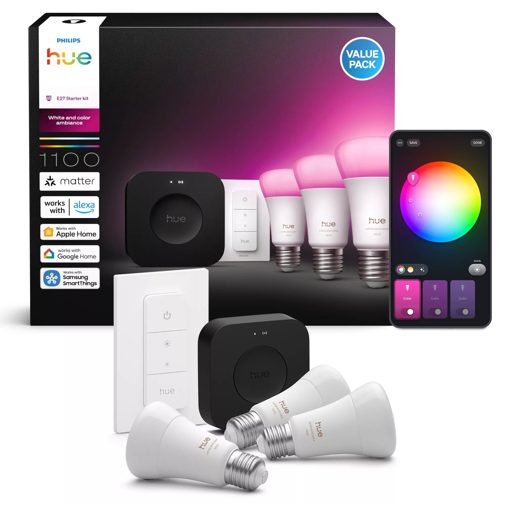 Philips Hue White and Color ambiance Kit de démarrage : trois ampoules connectées E27 + Dimmer Switch + Hue Bridge Pro