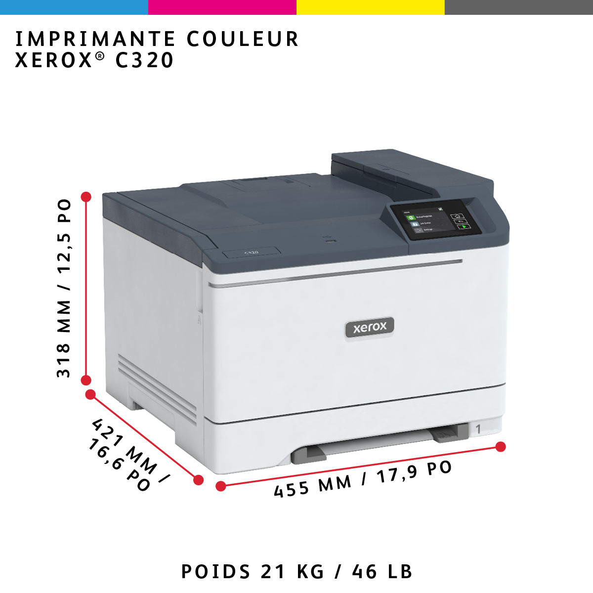 Xerox C320 Imprimante Laser A4 Recto Verso Sans Fil, 33 ppm, PS3 PCL5e/6, Capacité 251 feuilles